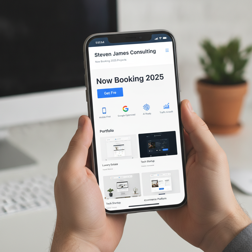 Modern responsive website design mockup displayed on smartphone showcasing Steven James Consulting portfolio