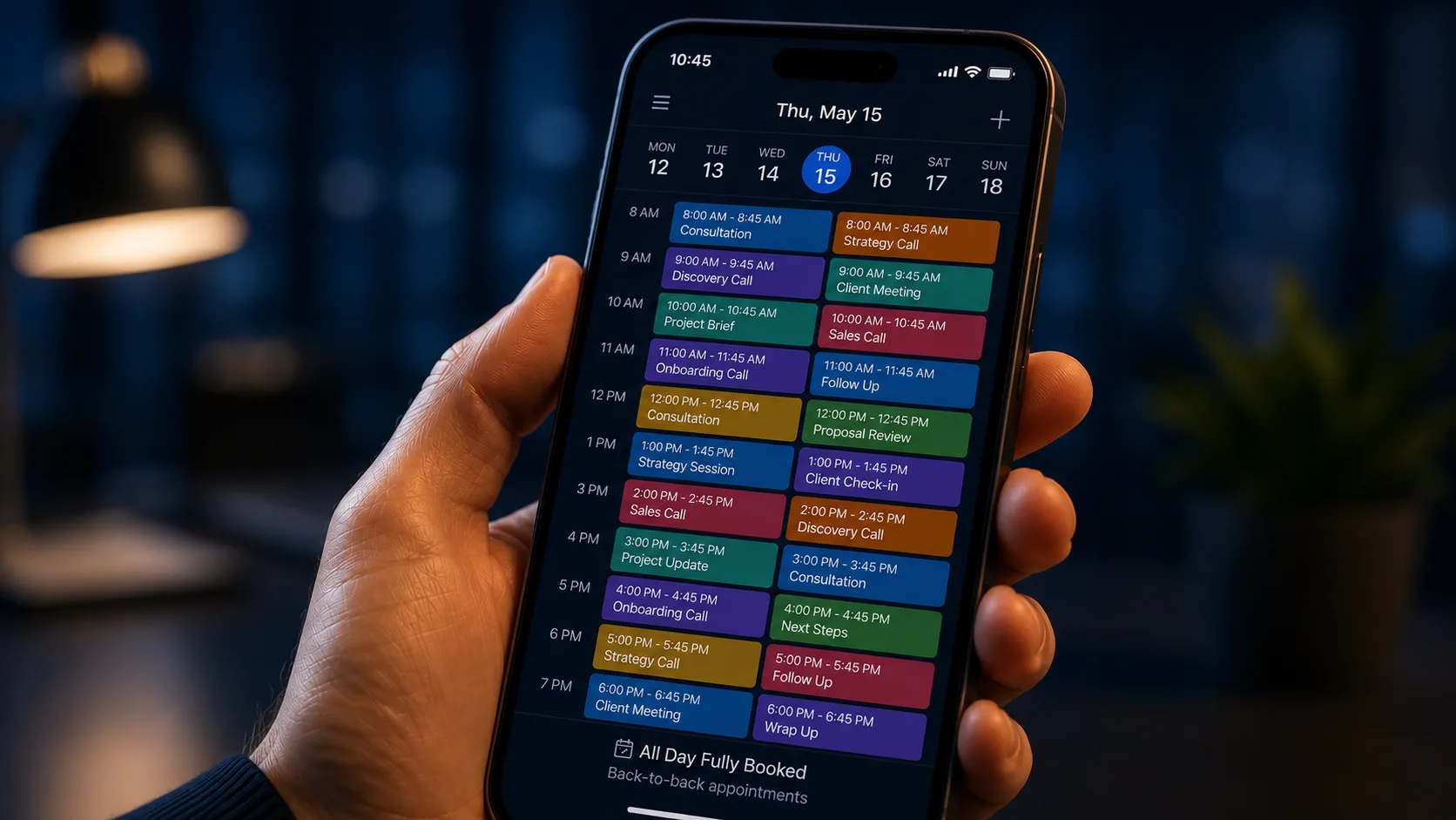 A phone showing a calendar booked back to back with appointments