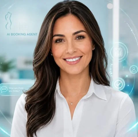 Professional woman smiling in white shirt with AI booking agent interface elements in blurred background