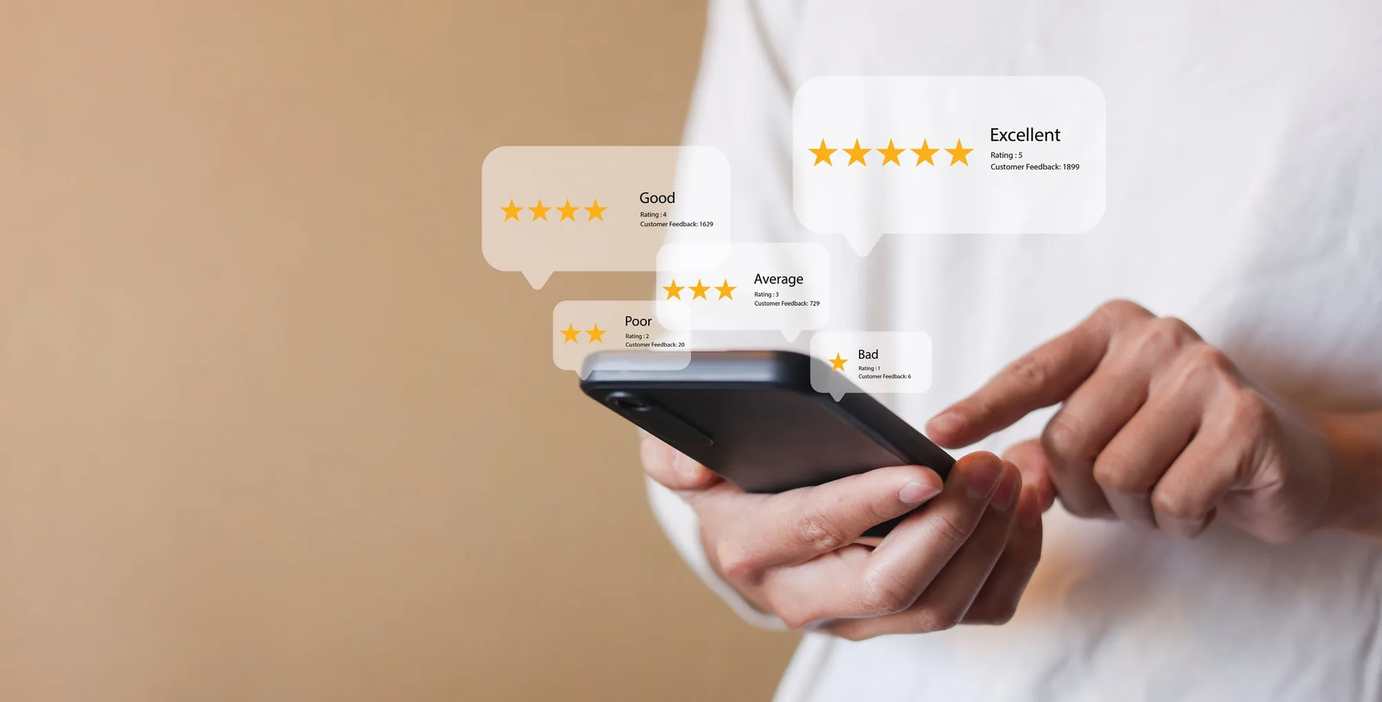 close up young man and hold smartphone and read review online website page about service and experience with many feedback and ranking score from customer for business quality and evaluation concept