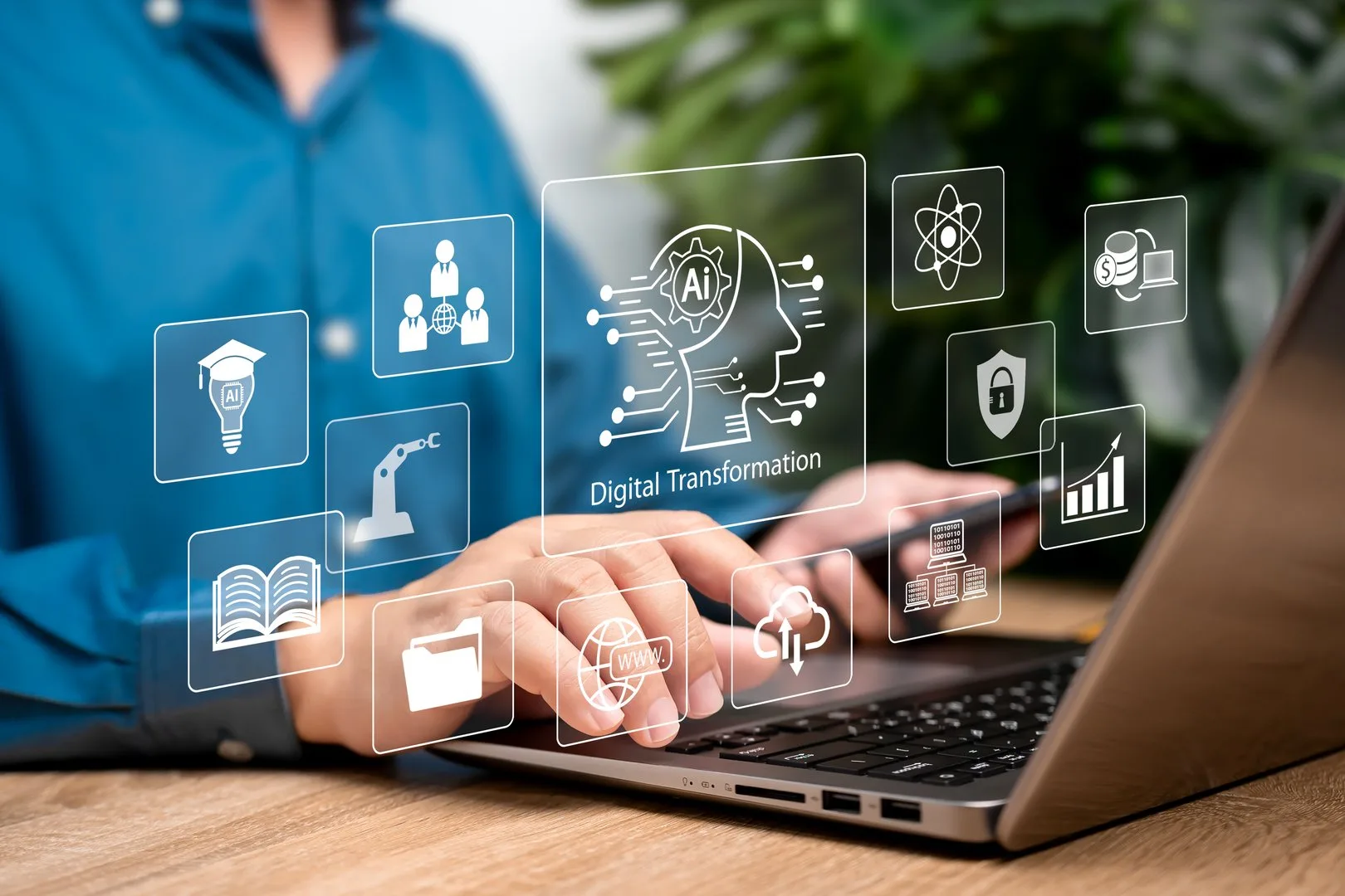 Digital transformation and AI technology strategy concept, Businessman use laptops and Artificial Intelligence to enhance business capabilities, Automation industry, Cloud computing data, Education