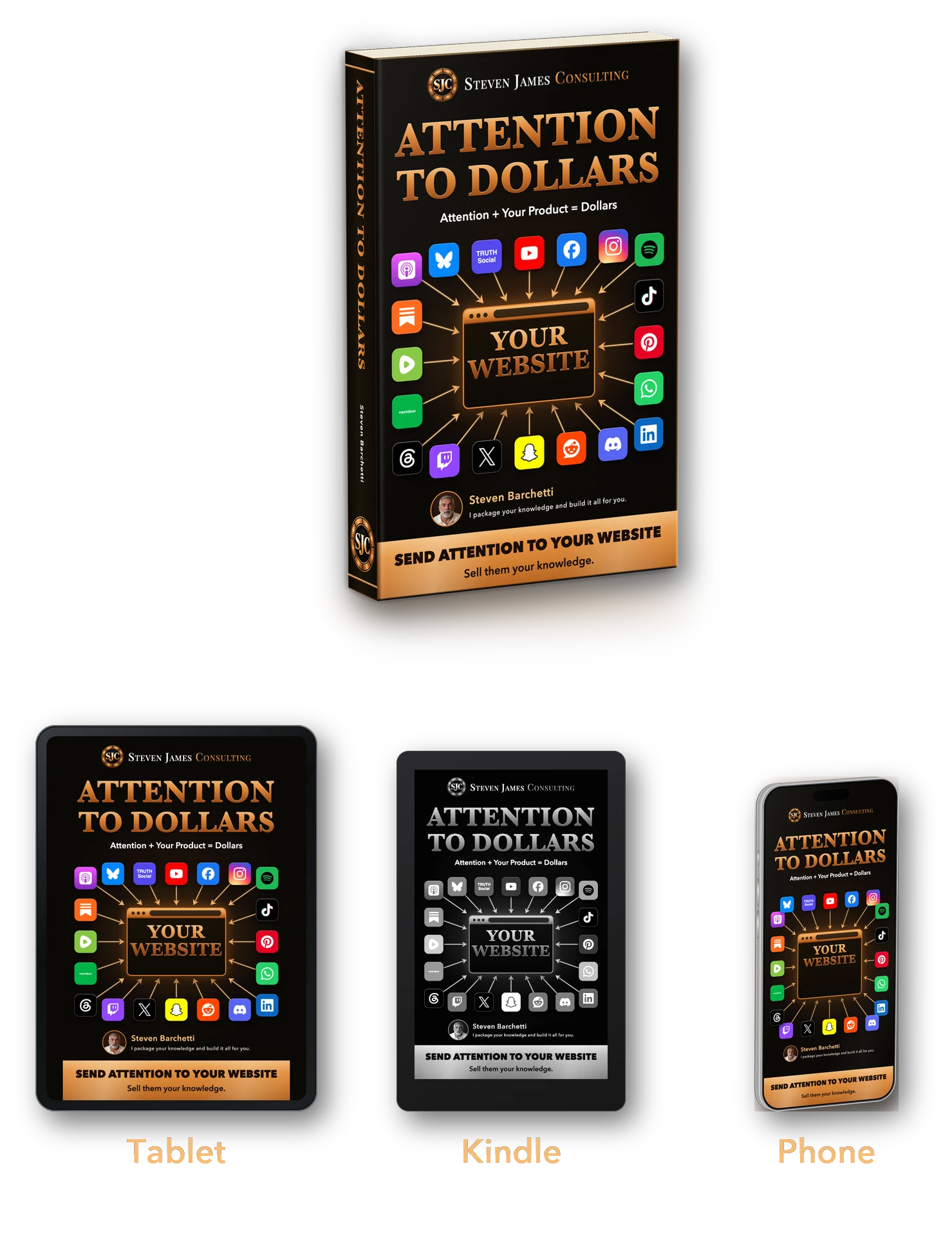 Attention To Dollars on a tablet, as a hardback, on an e-reader and on a phone