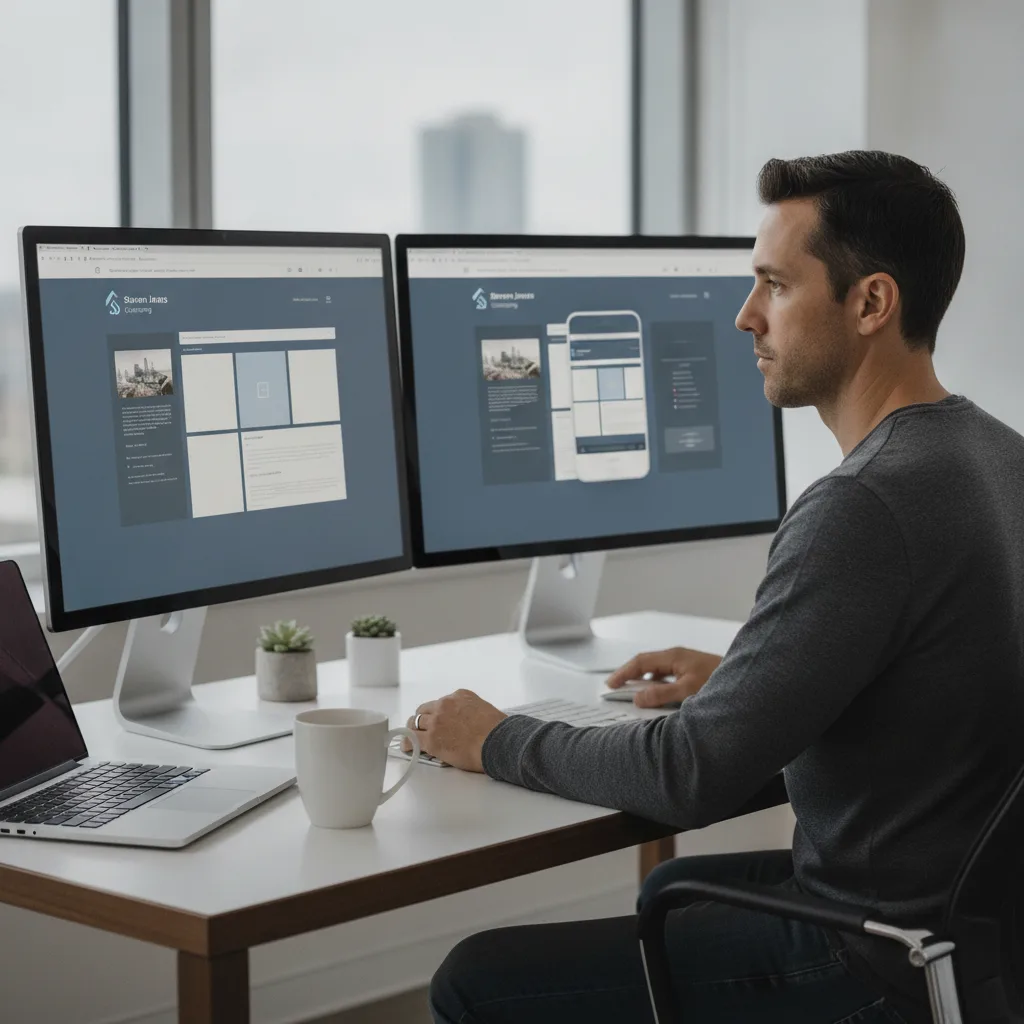 Steven James web design consultant working on responsive website mockups at a modern minimalist desk with dual monitors
