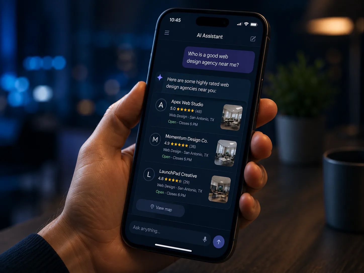 Modern responsive website design mockup displayed on smartphone showcasing Steven James Designs portfolio