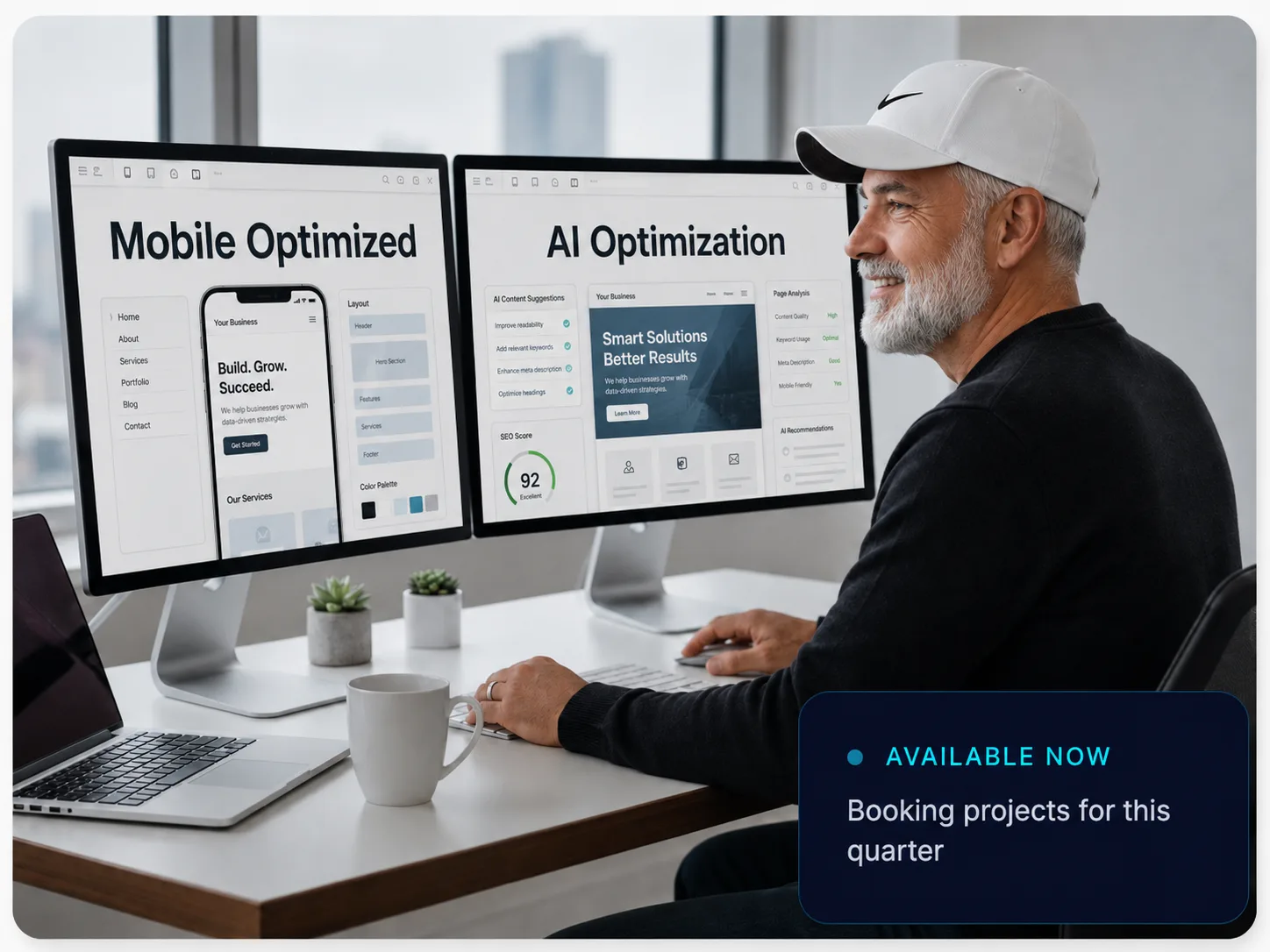 Steven James web design consultant working on responsive website mockups at a modern minimalist desk with dual monitors